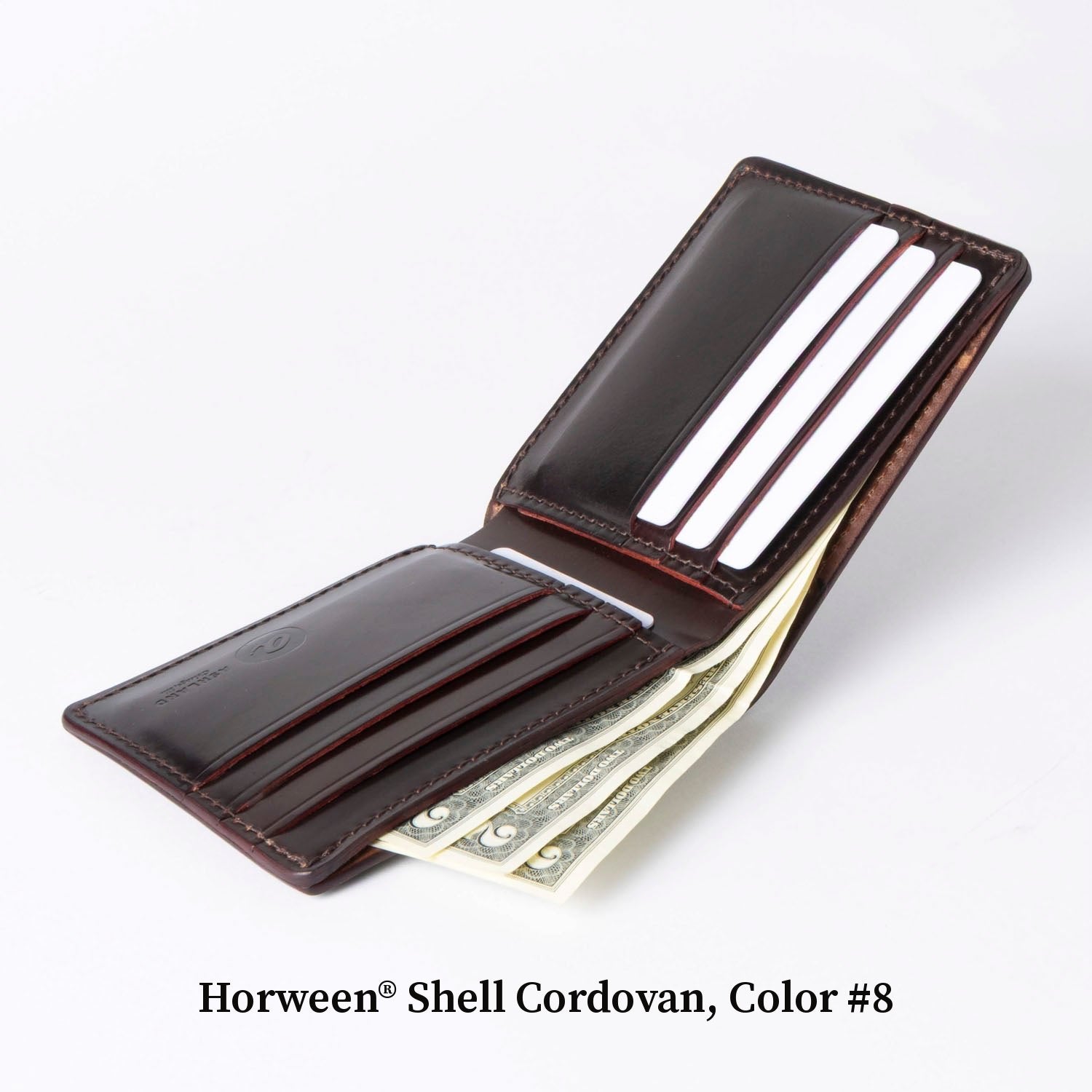 Open Johnny the Fox bifold wallet in Horween® Shell Cordovan, Color #8