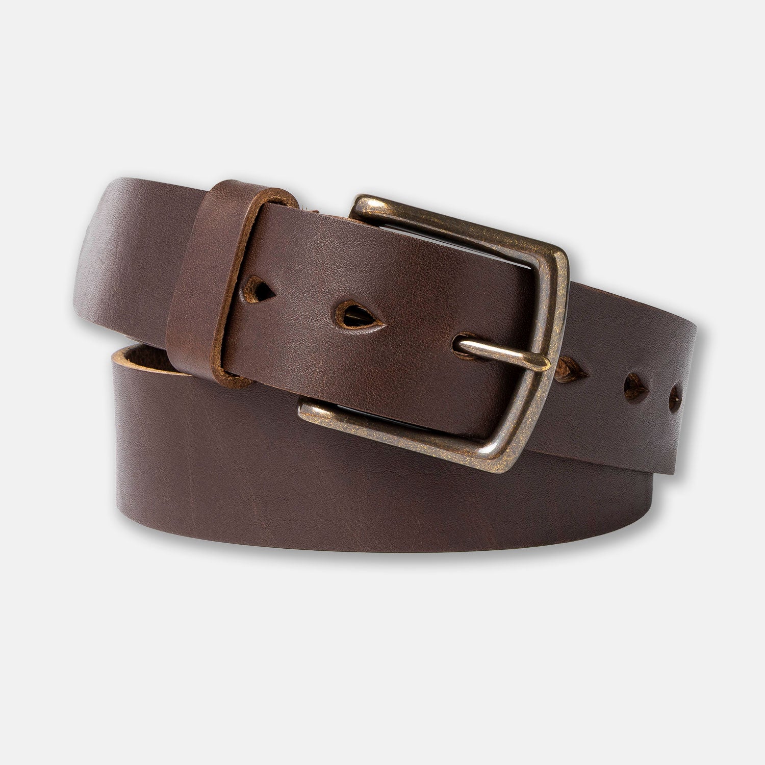 Brown leather belt with a brass buckle on a light gray background
