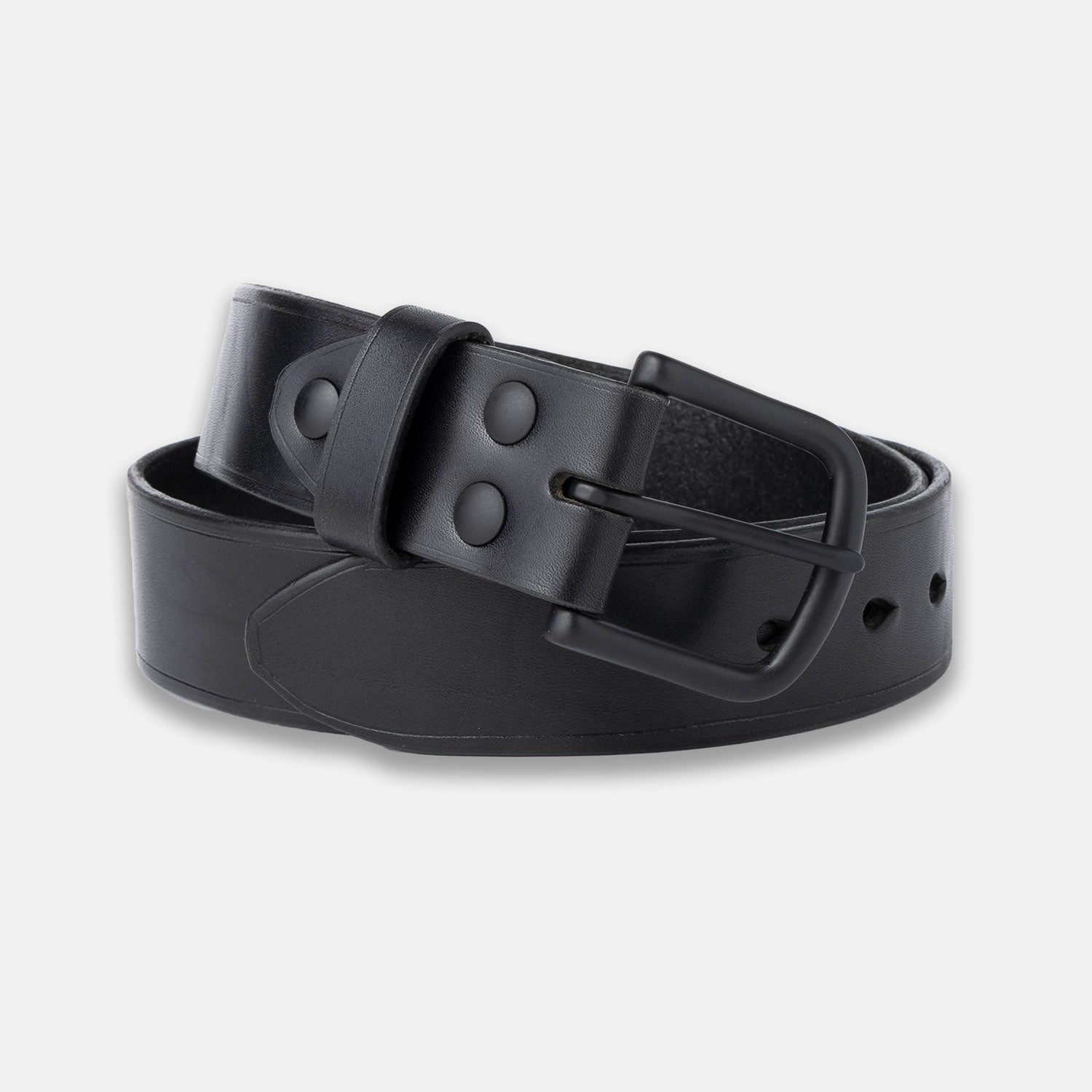 A black leather belt with a solid brass buckle and refined edges, coiled loosely.