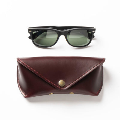 Black sunglasses on a brown leather case against a white background