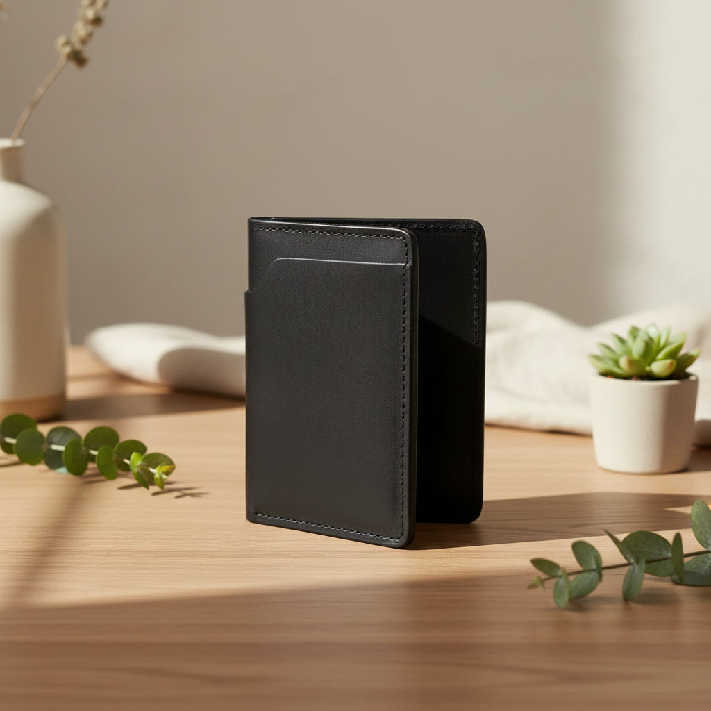 Fat Herbie wallet in black Horween® Dublin standing on a light wood table with plants and eucalyptus behind