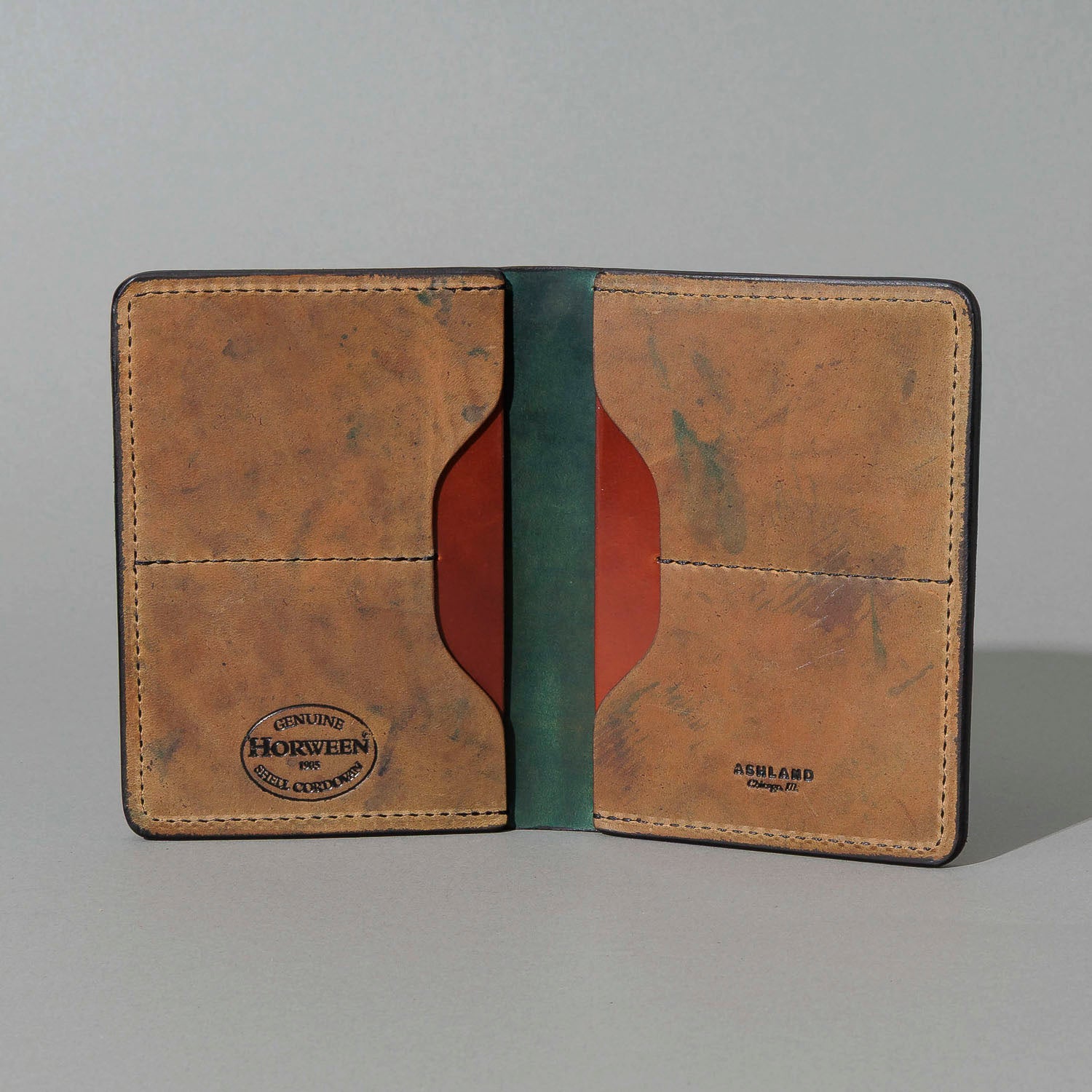 One-Off Fat Herbie in Amaretto on Reverse Shell Cordovan, Two Hidden Card Slots, open, showing interior
