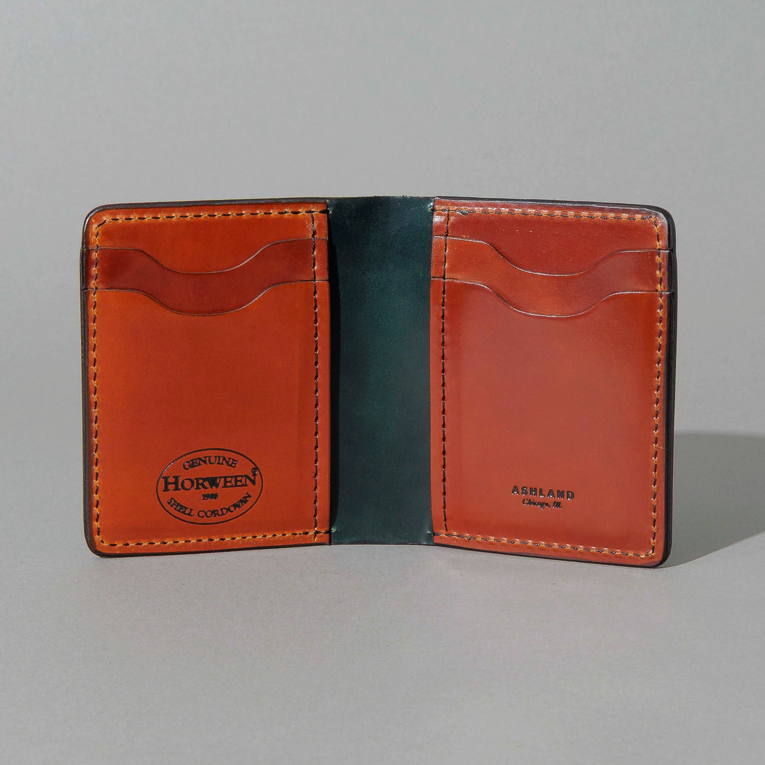 One-Off Vertical Tony the Ant in Blood Orange on Reverse Shell Cordovan, open, showing interior