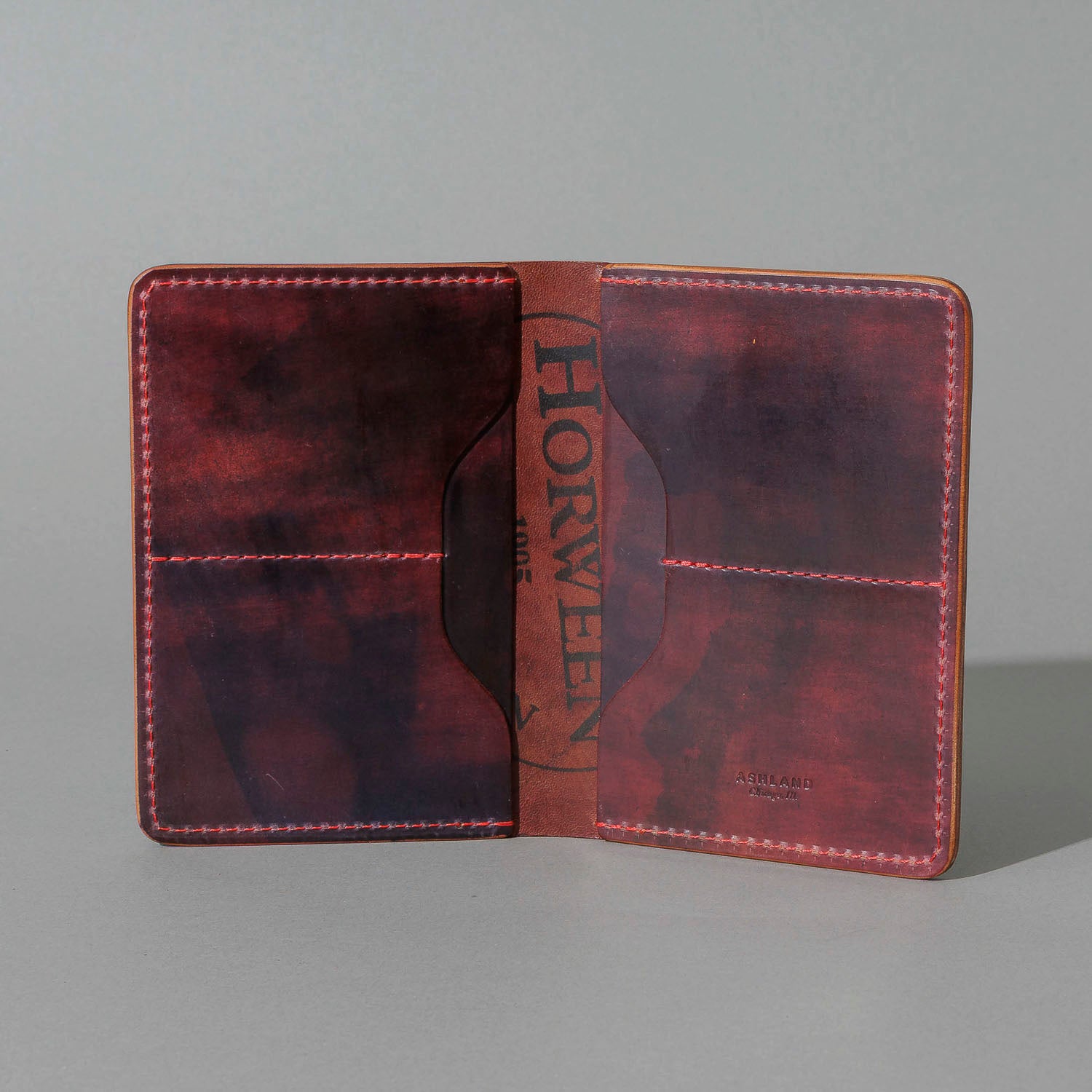 One-Off Traveler Passport Holder in Psychedelic Color 8 Shell Cordovan, No Bill Slot, open, showing interior