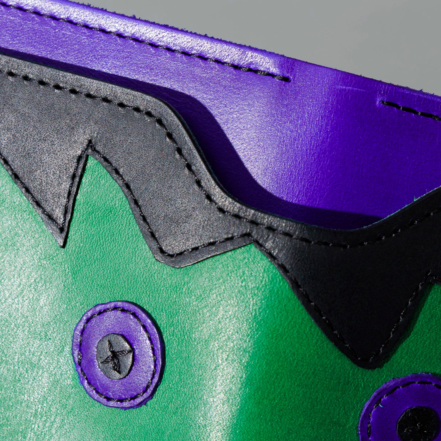 One-Off Fat Herbie in Green and Violet Latigo, Frankenstein Embroidery, close-up of the embroidery, shot 1