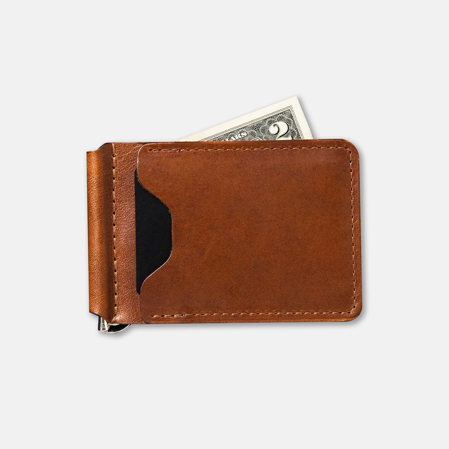 A brown leather money clip with a metal clamp and several card slots, displaying a few bills tucked inside.