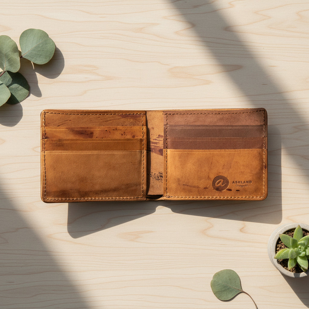A brown bifold wallet made of Horween leather, with a simple and clean exterior.