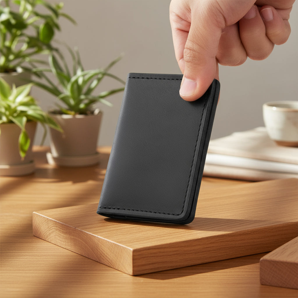 Black leather wallet being held above a wooden surface with plants in the background
