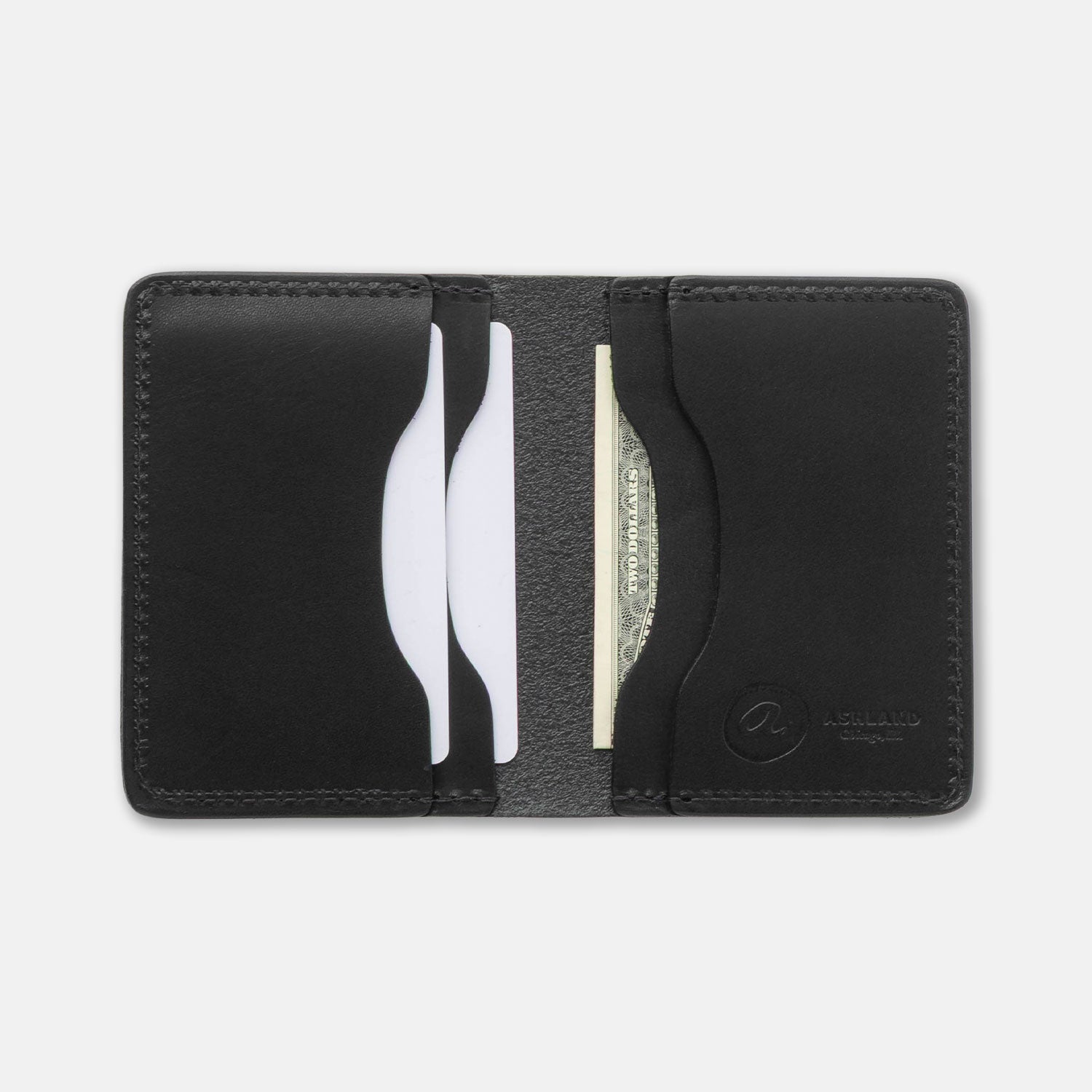 Black leather wallet with card slots on a white background
