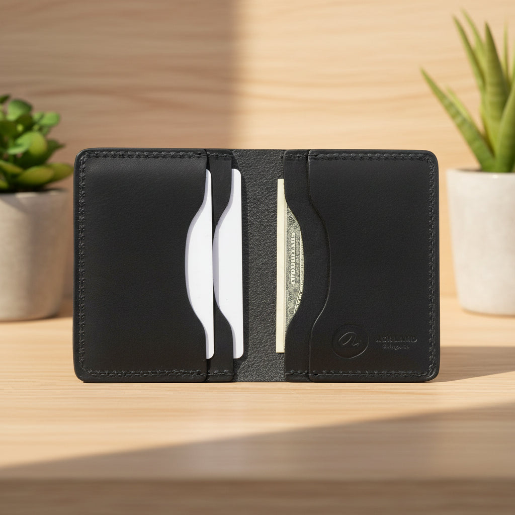 Black leather wallet with card slots on a white background