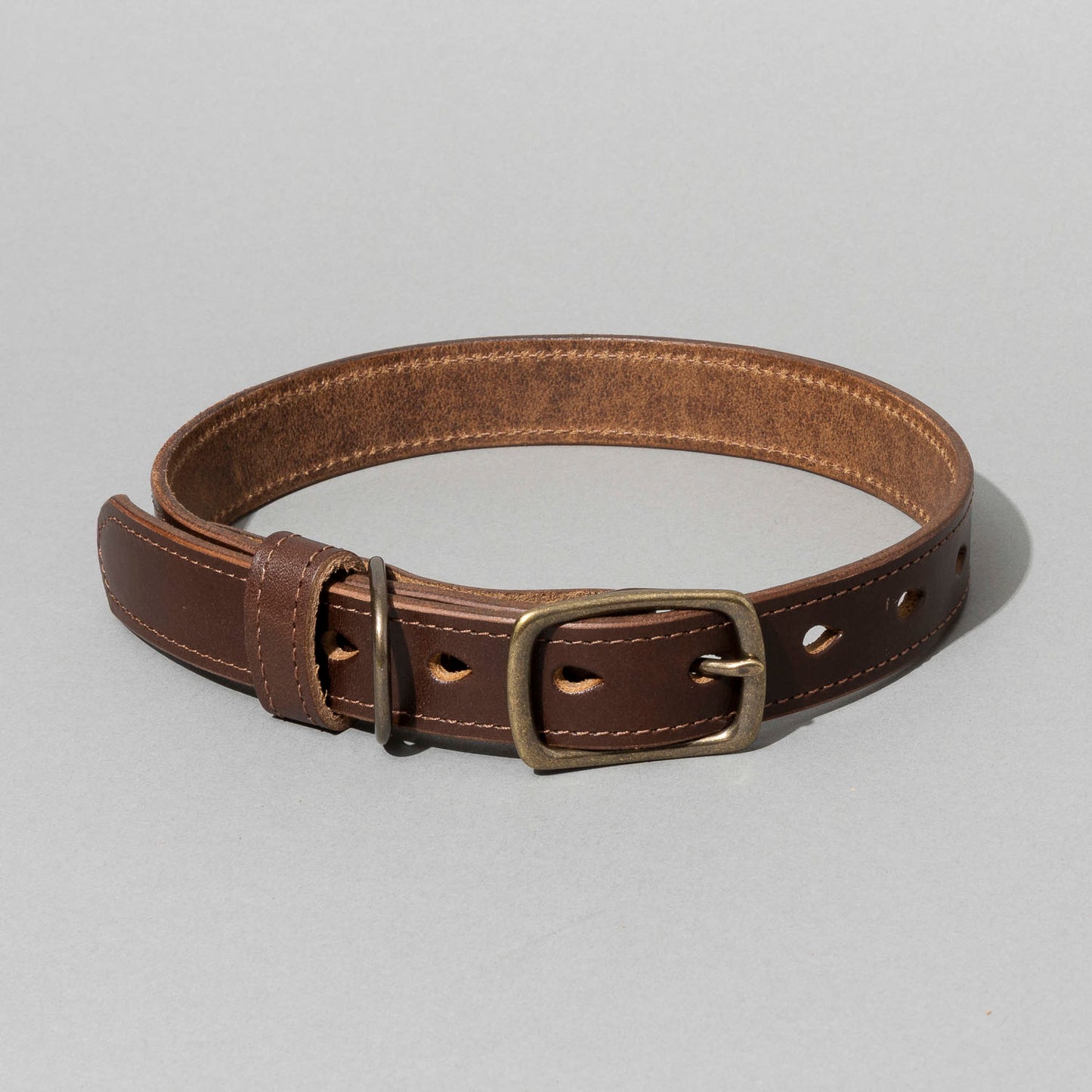 Brown leather dog collar with brass buckle on a light gray background