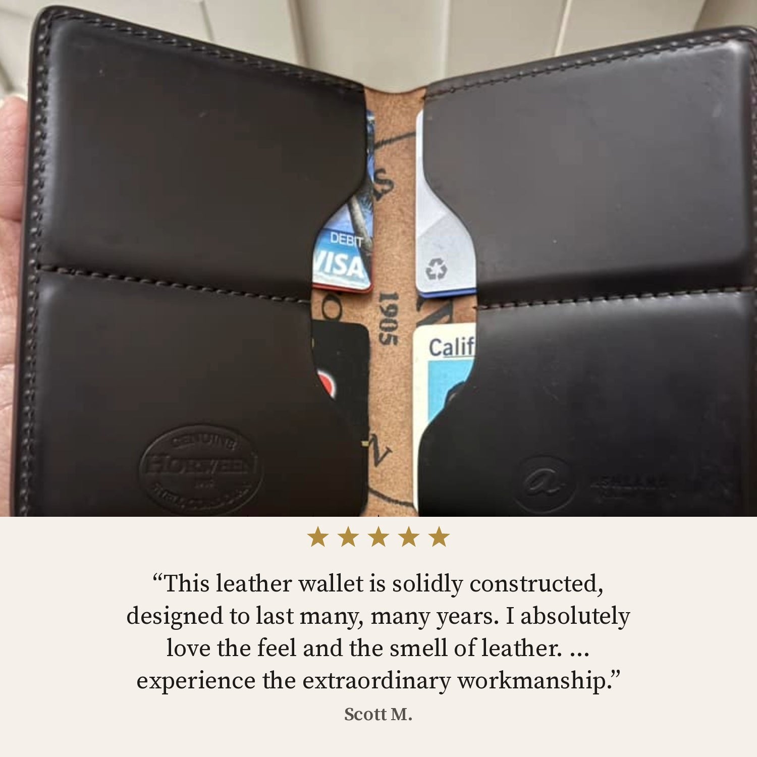 Five-star review from Scott M. over an open black Horween® Shell Cordovan Fat Herbie wallet with cards