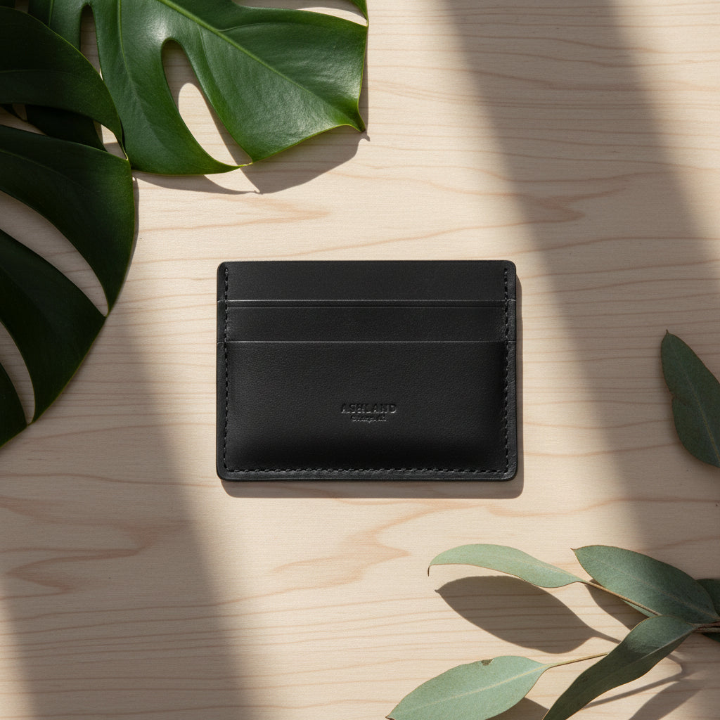 Black leather cardholder on a light wooden surface with green leaves