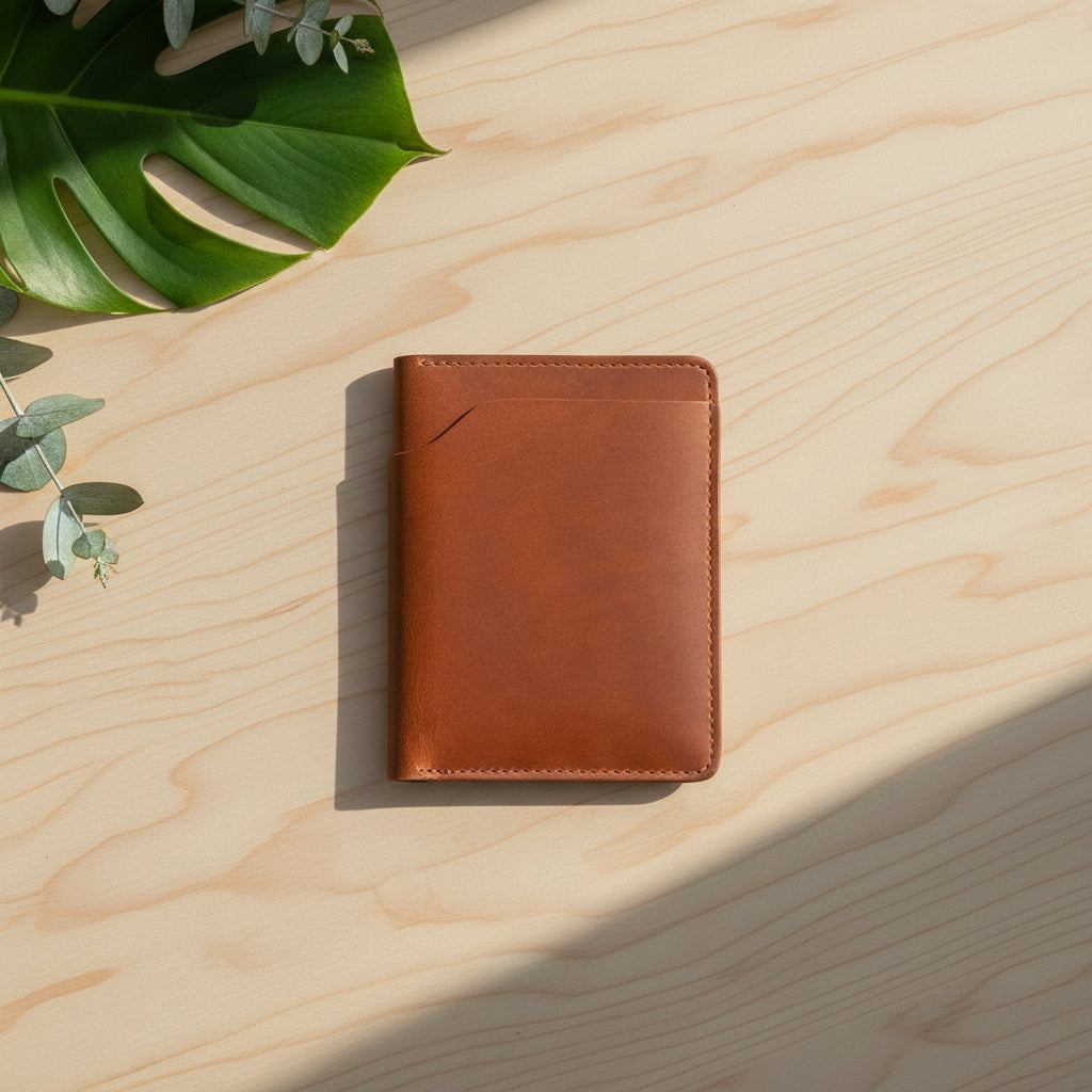 A brown, bi-fold leather wallet with card slots and some cash protruding from the bill slot, placed on a flat surface.