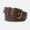 Brown leather belt with a brass buckle on a light gray background