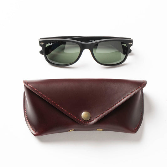 Black sunglasses on a brown leather case against a white background