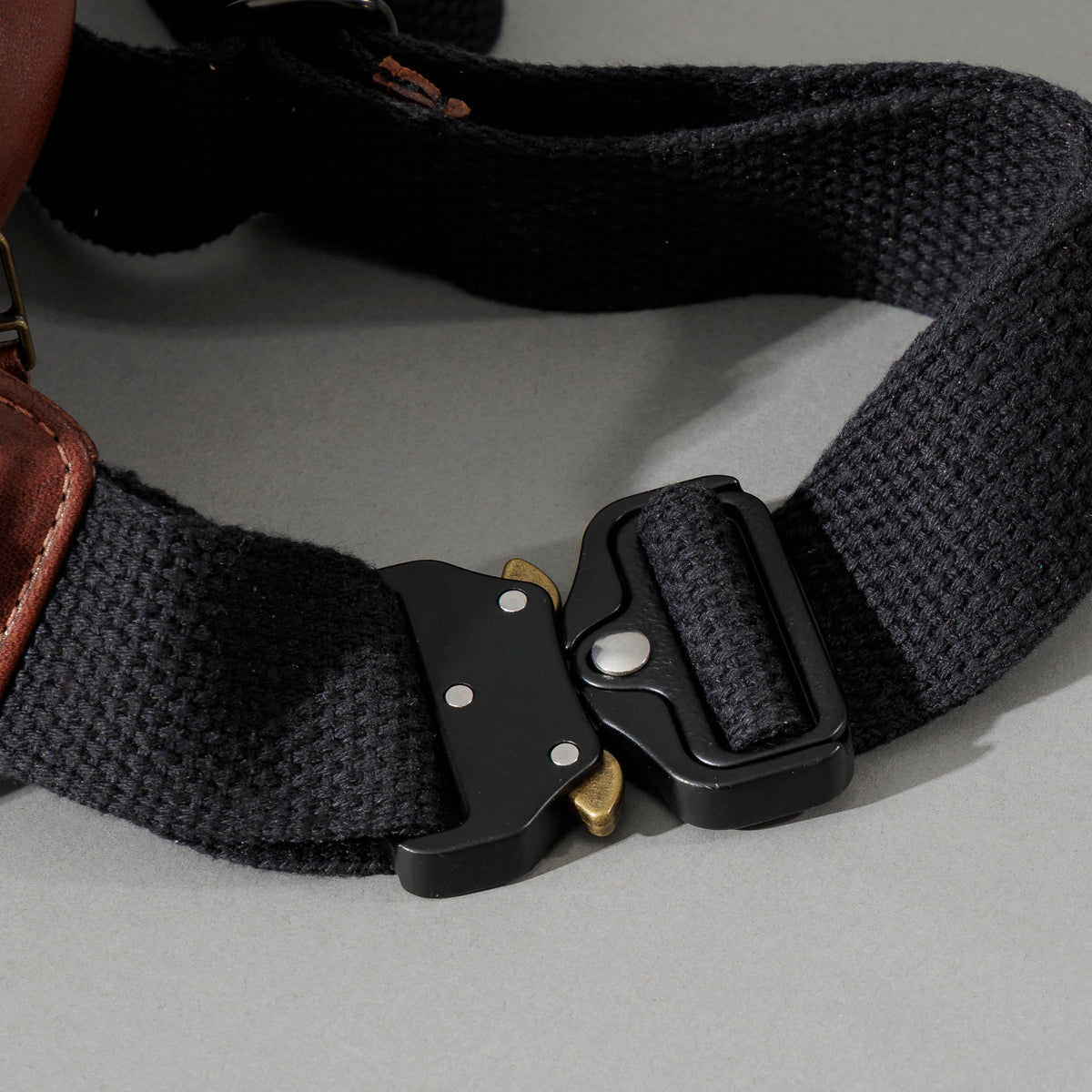Sling Bag in Horween® Chromexcel® Brown Wooly horsehide, die-cast metal buckle close-up