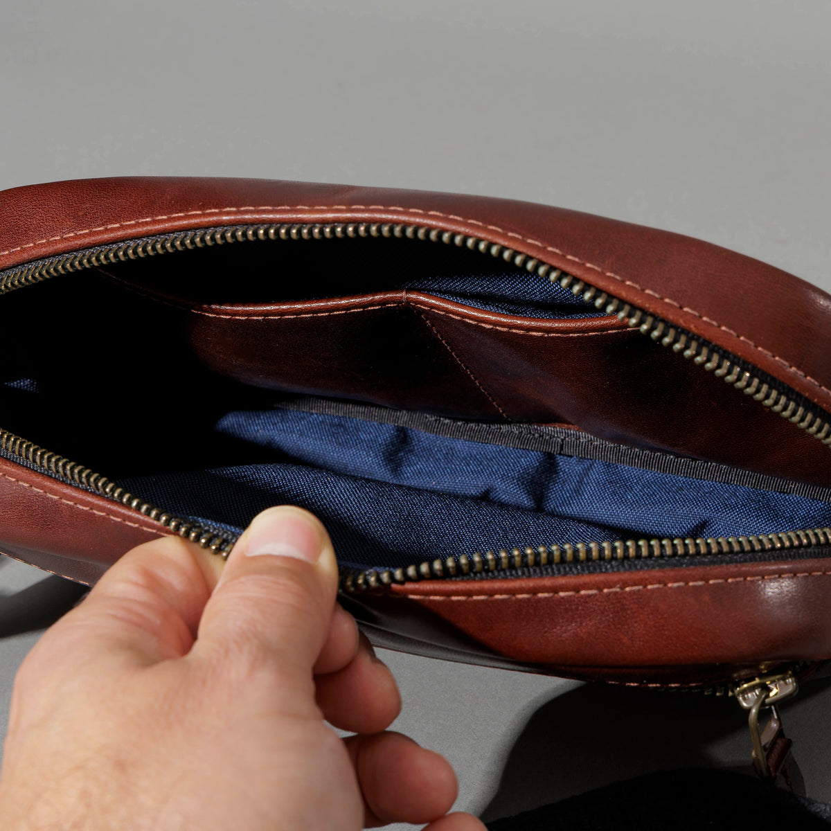 Sling Bag in Horween® Chromexcel® Brown Wooly horsehide, interior pockets held open