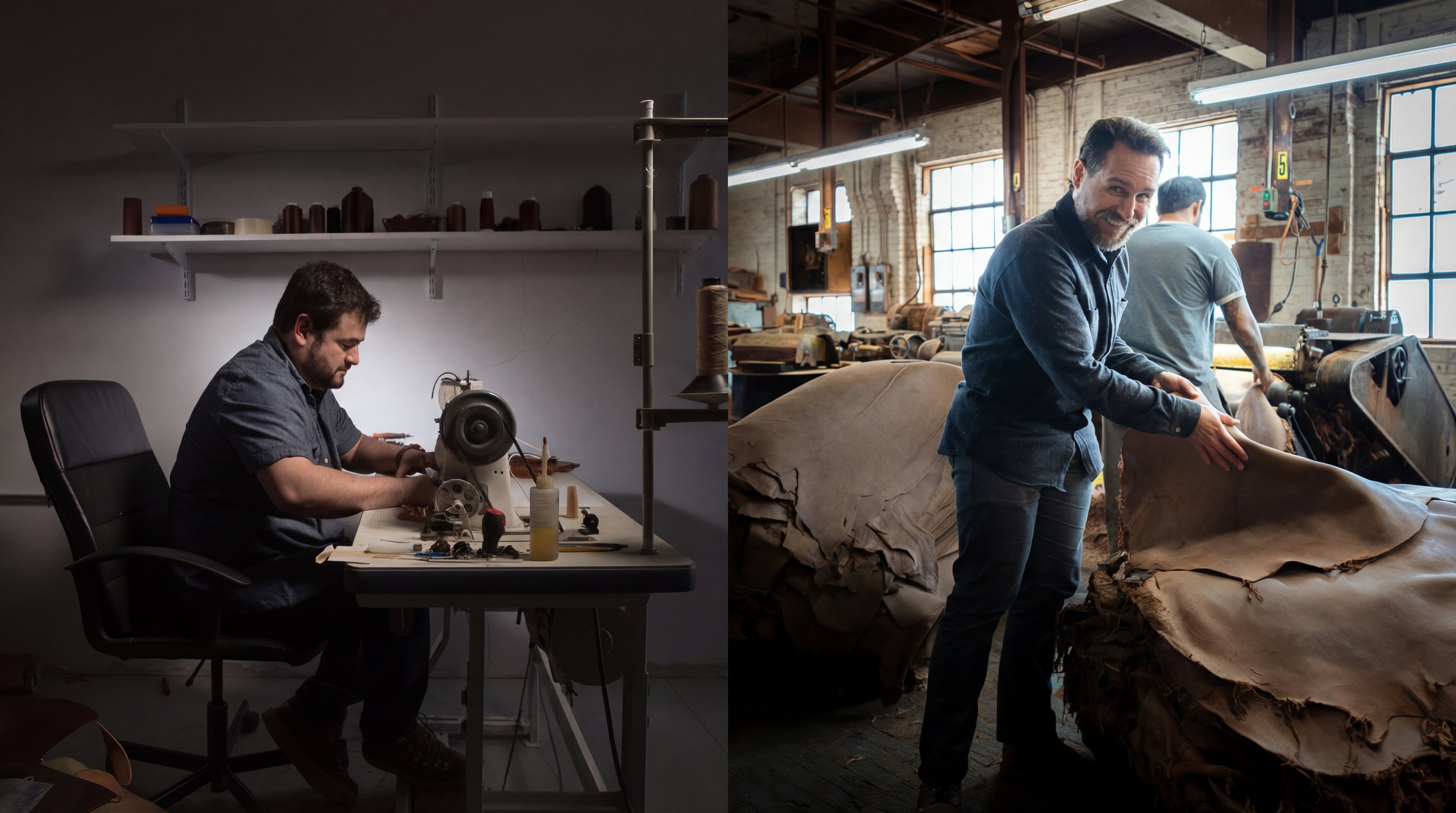 Ashland Leather founders Dan Cordova and Phil Kalas making wallets in their Chicago workshop