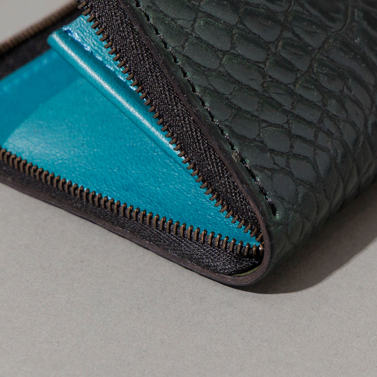 Small Zip Wallet (Green Gator Shell / Teal Latigo) | Horween