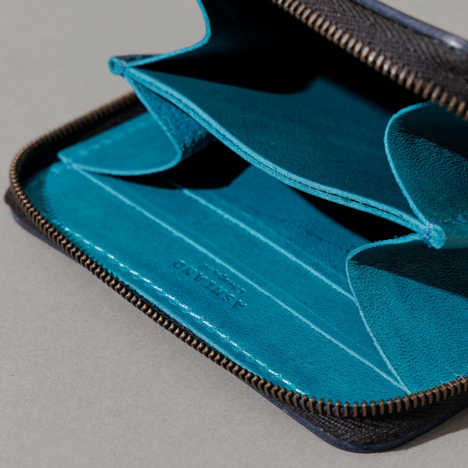 Small Zip Wallet (Raw Denim Shell / Teal Latigo) | Horween