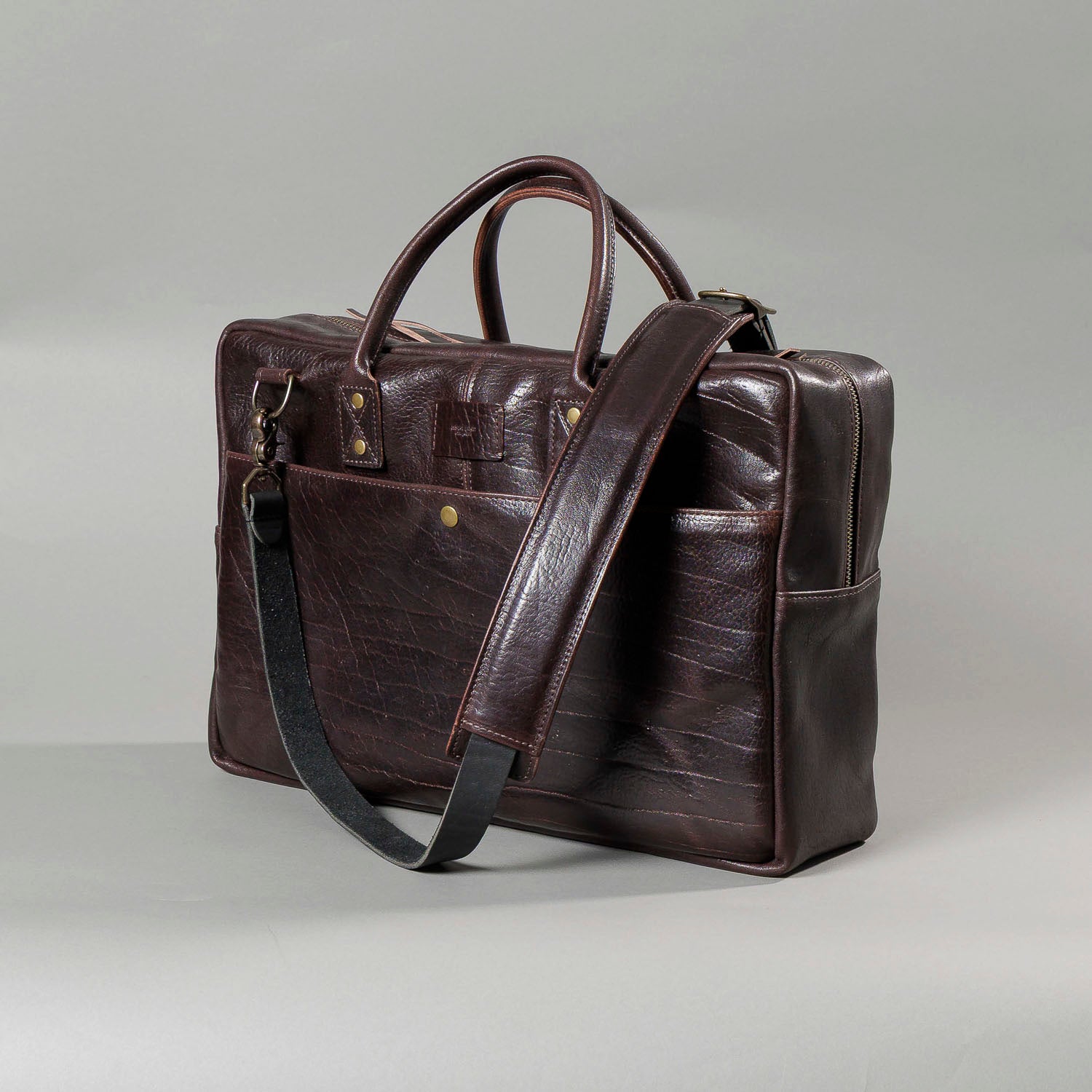 One-off LaSalle Briefcase in Horween® Epic Color 8 Aspen Horsehide, three-quarter view with leather shoulder strap