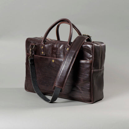 One-off LaSalle Briefcase in Horween® Epic Color 8 Aspen Horsehide, three-quarter view with leather shoulder strap