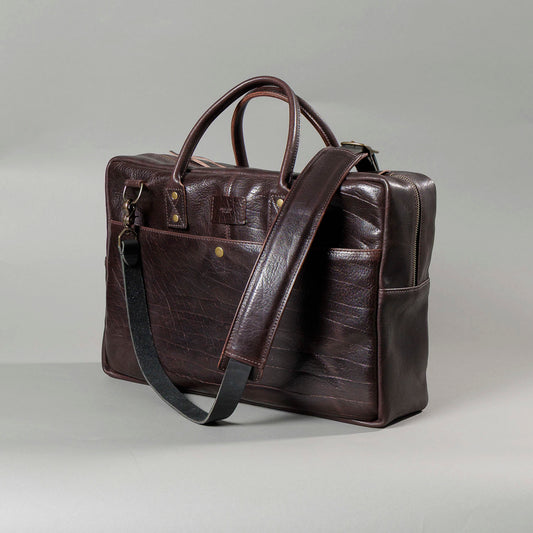 One-off LaSalle Briefcase in Horween® Epic Color 8 Aspen Horsehide, three-quarter view with leather shoulder strap