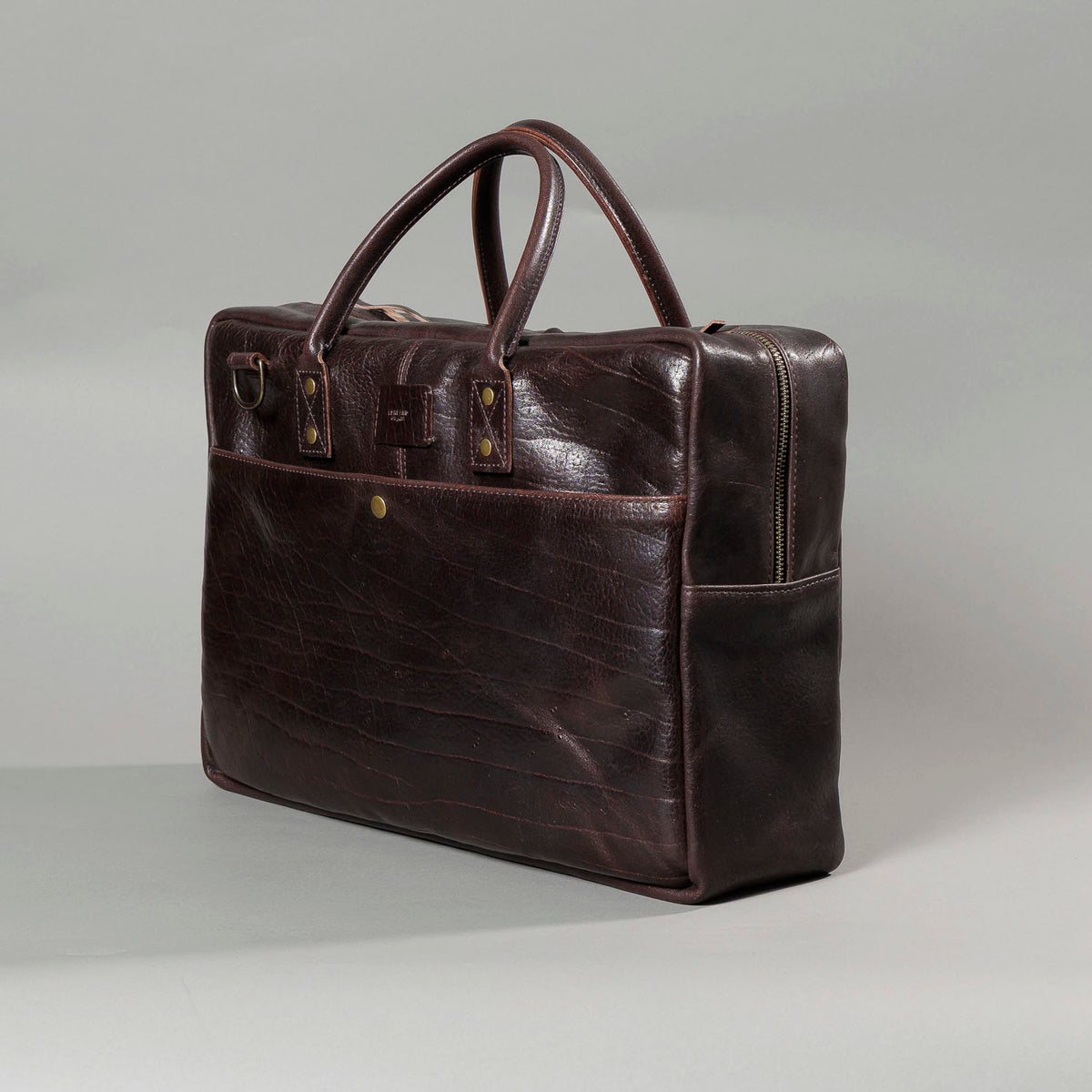 One-off LaSalle Briefcase in Horween® Epic Color 8 Aspen Horsehide, three-quarter side view