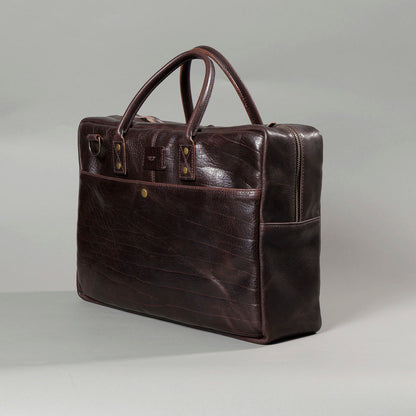 One-off LaSalle Briefcase in Horween® Epic Color 8 Aspen Horsehide, three-quarter side view