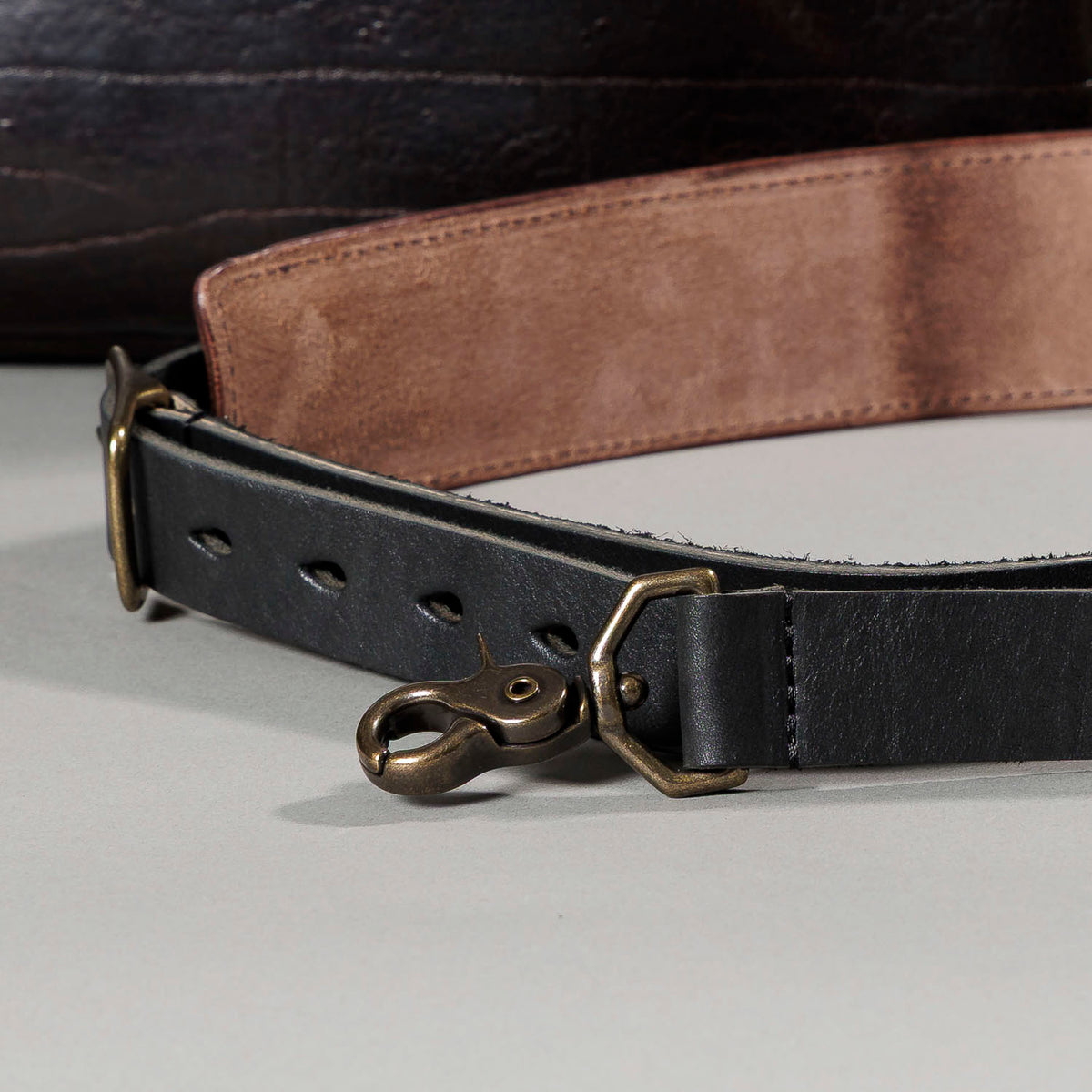 One-off LaSalle Briefcase in Horween® Epic Color 8 Aspen Horsehide, shoulder strap with brass clips