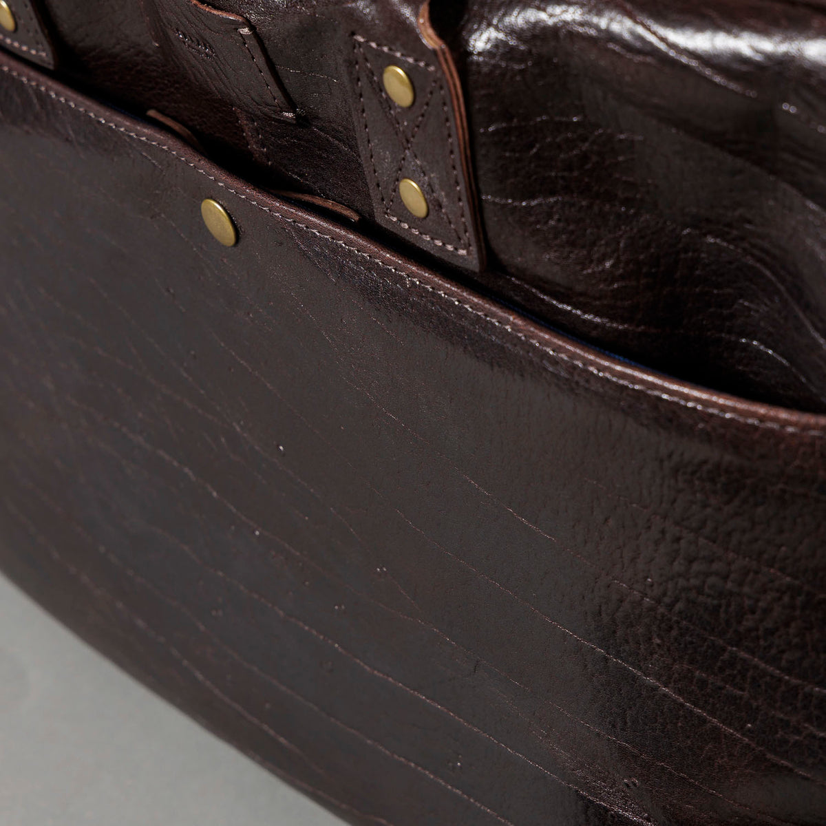 One-off LaSalle Briefcase in Horween® Epic Color 8 Aspen Horsehide, solid brass rivets and front pocket edge