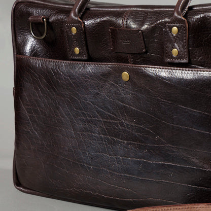 One-off LaSalle Briefcase in Horween® Epic Color 8 Aspen Horsehide, front quick-access pocket close-up