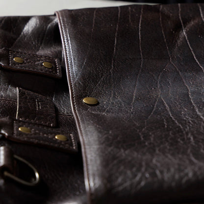 One-off LaSalle Briefcase in Horween® Epic Color 8 Aspen Horsehide, handle tabs and brass hardware close-up