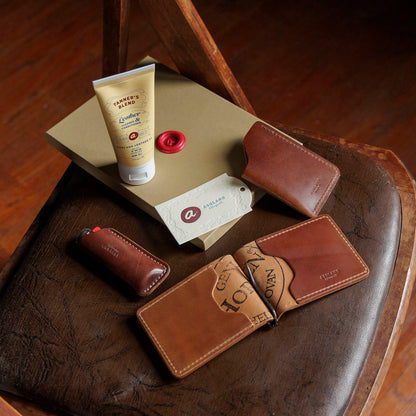Ashland Leather Mystery Box contents, Horween® leather money clip wallet, card case, key fob and leather care cream