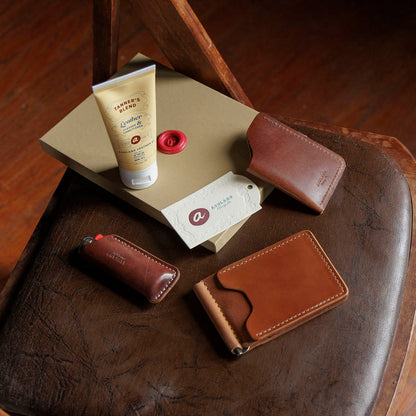 Ashland Leather Mystery Box contents, Horween® leather wallet, card case, key fob and leather care cream