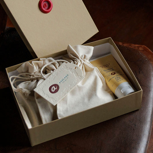 Ashland Leather Mystery Box opened, cotton pouch, leather care cream and Ashland tag inside
