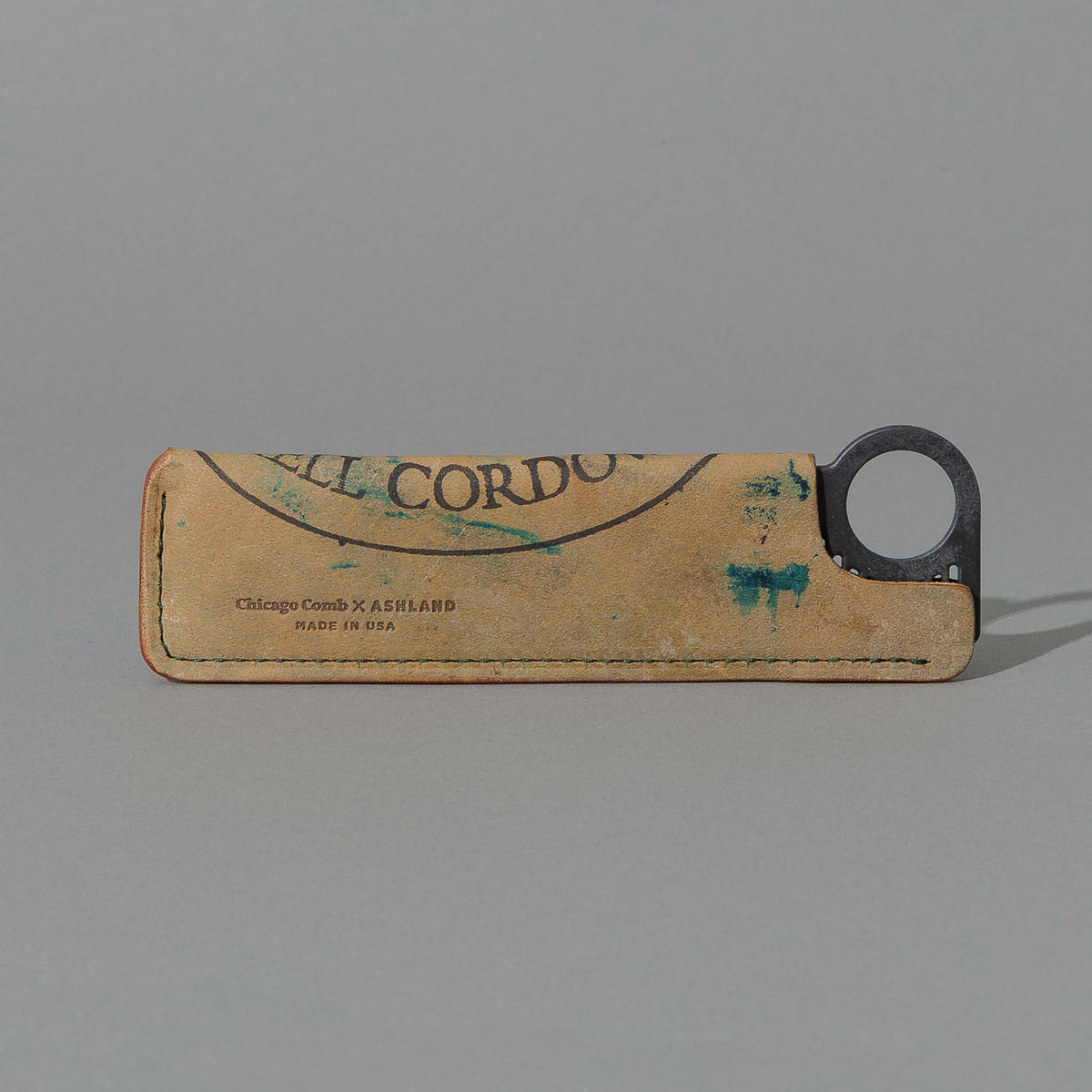 Chicago Comb and Leather Sheath in Reverse Green Shell Cordovan, front view