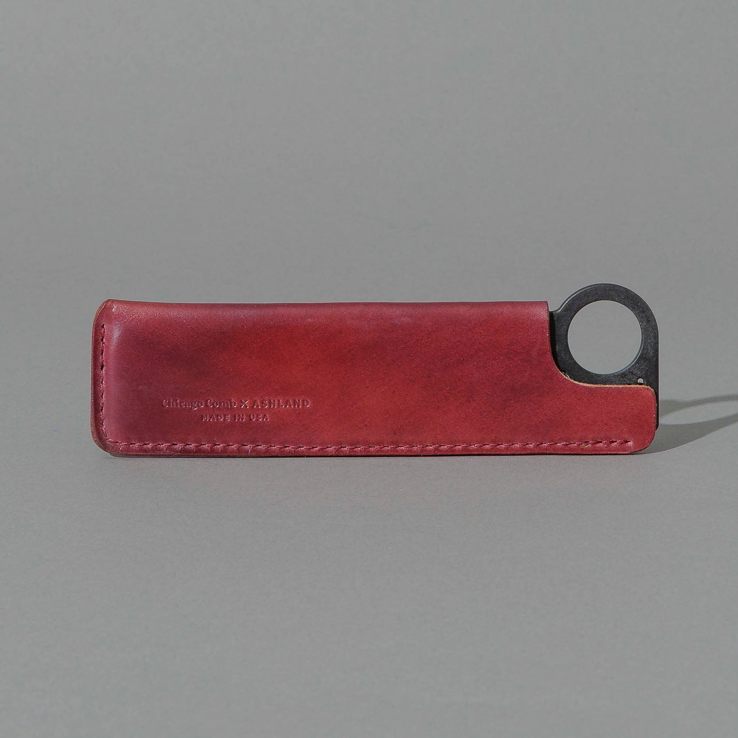 Chicago Comb and Leather Sheath in Marbled Ultraviolet Shell Cordovan, front view