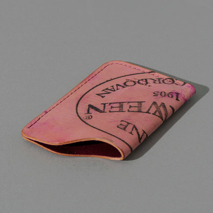 One-Off One-Shot Card Case in Reverse Ultraviolet Shell Cordovan, angled view lying flat