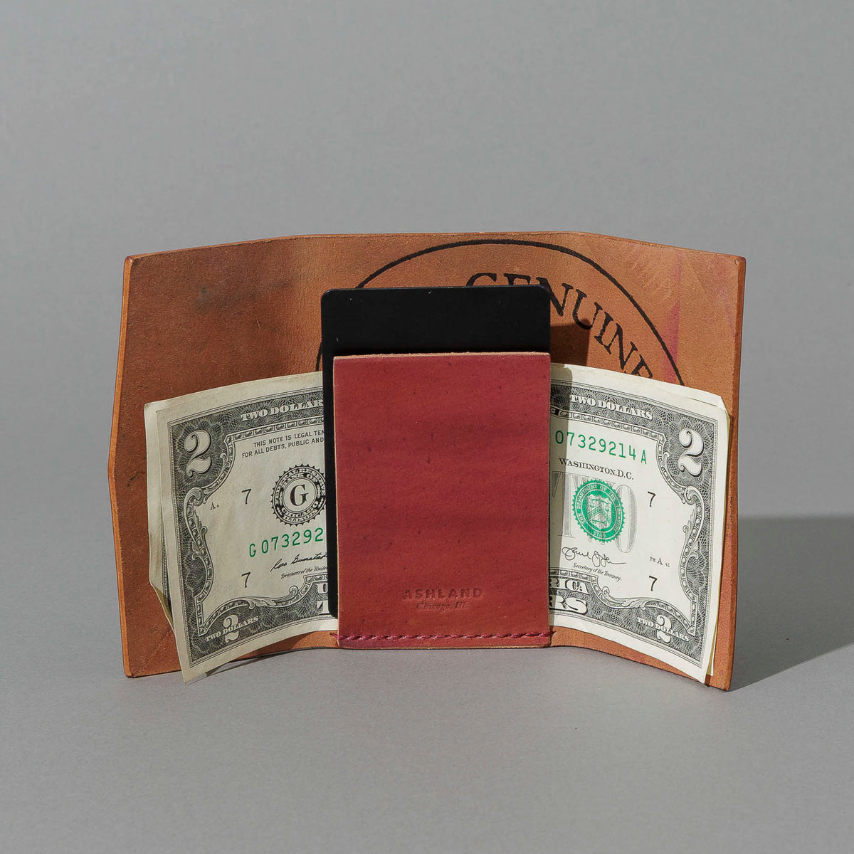 One-Off Jr. Fold in Marbled Ultraviolet Shell Cordovan, open with cash and cards, shot 1