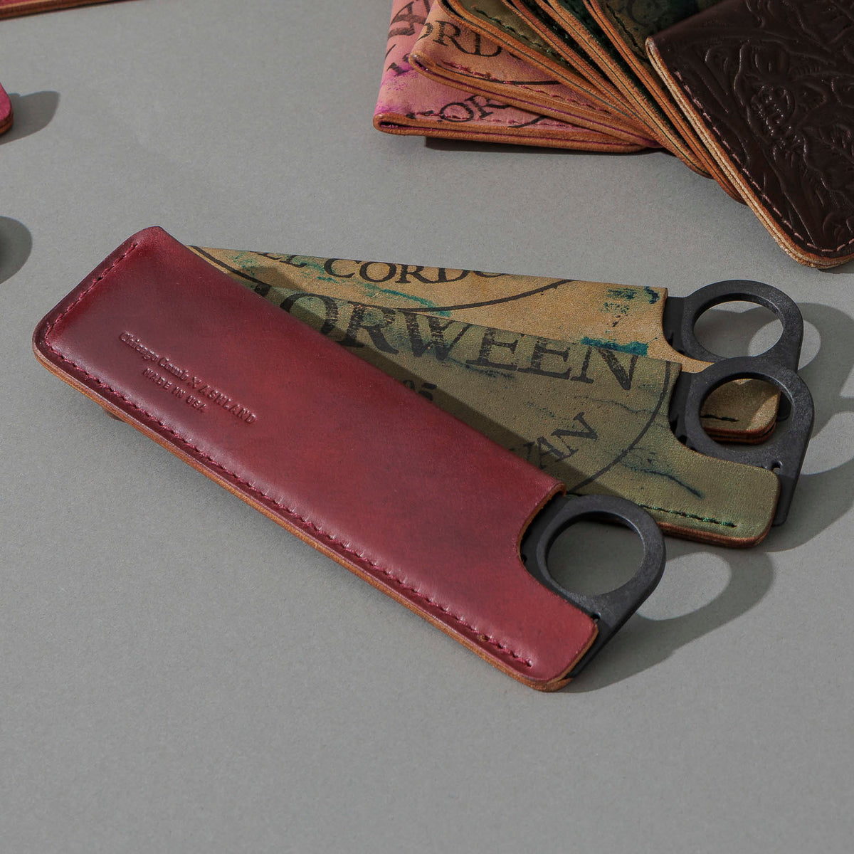 Chicago Comb and Leather Sheath in Reverse Shell Cordovan, group shot with other Fall Limited Release pieces