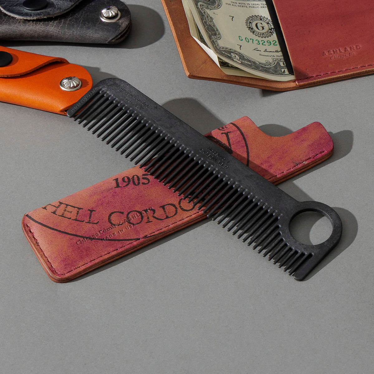 Chicago Comb and Leather Sheath in Reverse Ultraviolet Shell Cordovan, group shot with other Fall Limited Release pieces