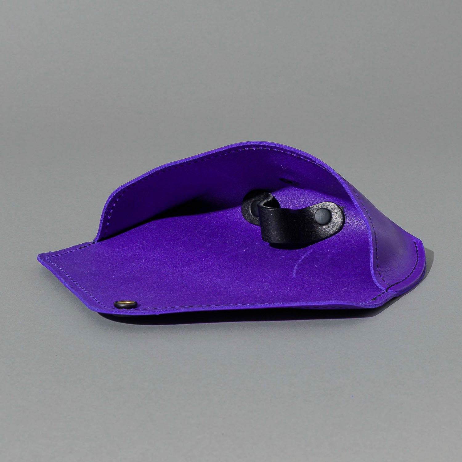 Glasses Case in Violet Latigo, open with sunglasses inside