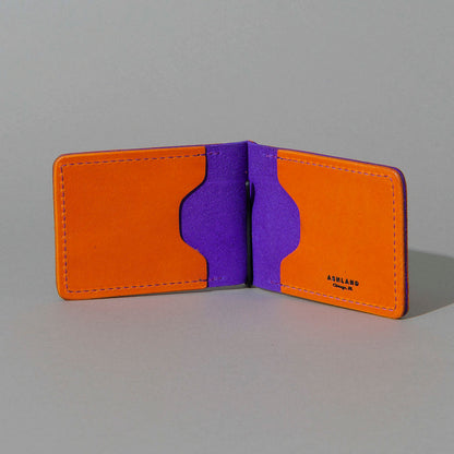 One-Off Capone Money Clip in Orange on Violet Latigo, open, showing interior, shot 1