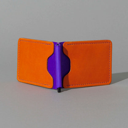 One-Off Capone Money Clip in Orange on Violet Latigo, open, showing interior, shot 2