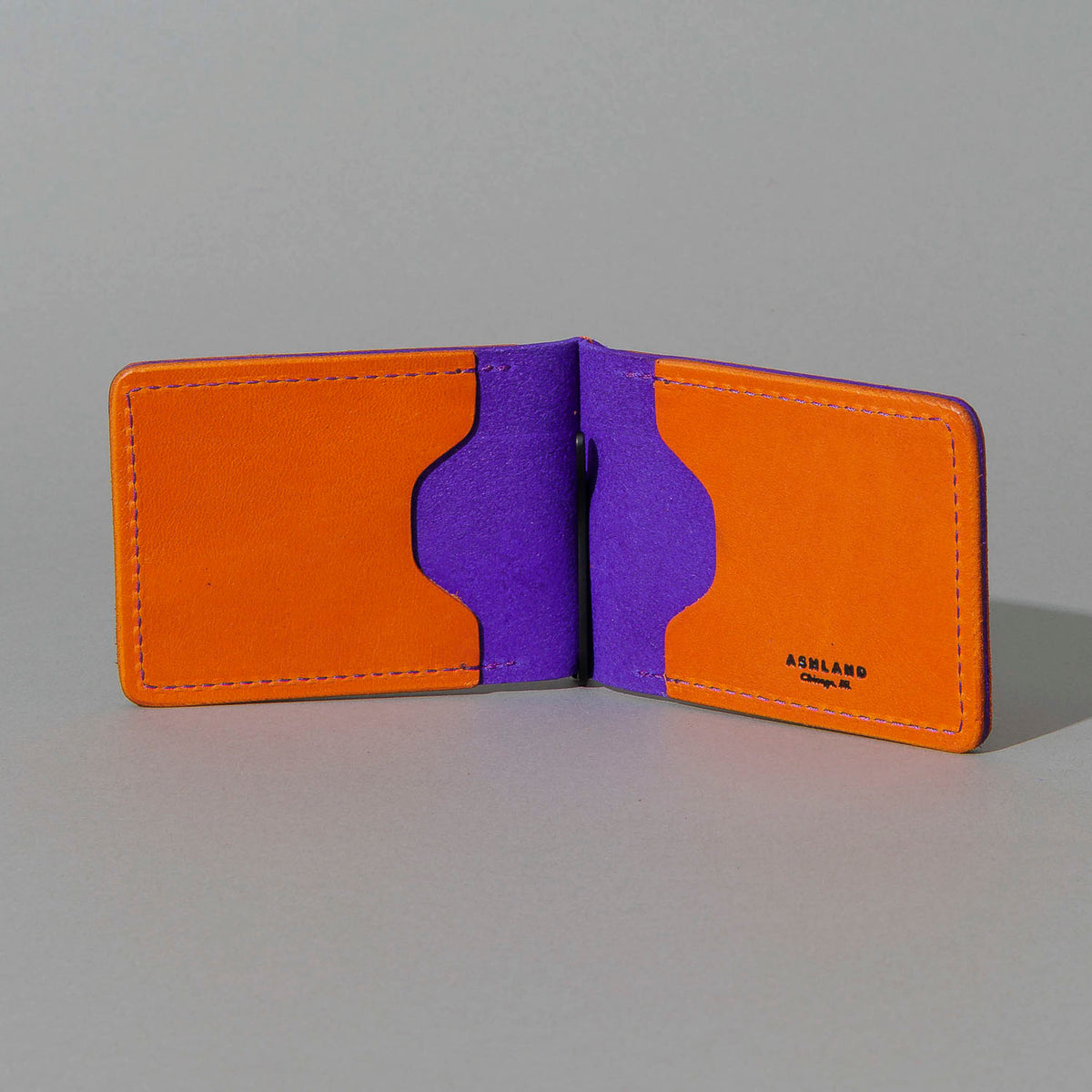 One-Off Capone Money Clip in Orange on Violet Latigo, open, showing interior, shot 3