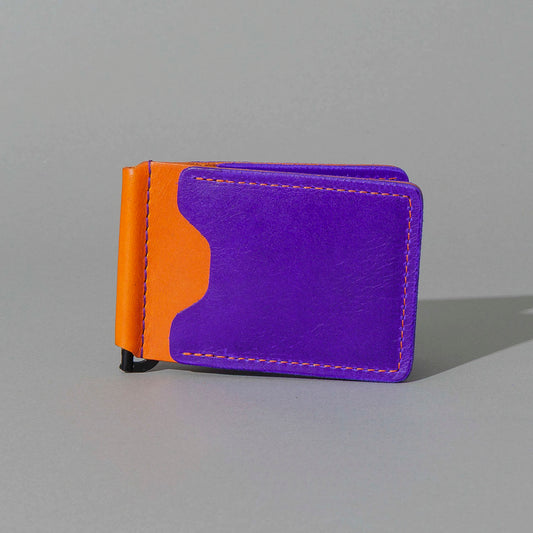 One-Off Capone Money Clip in Violet on Orange Latigo, front view, shot 1