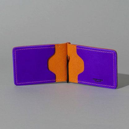 One-Off Capone Money Clip in Violet on Orange Latigo, open, showing interior, shot 1