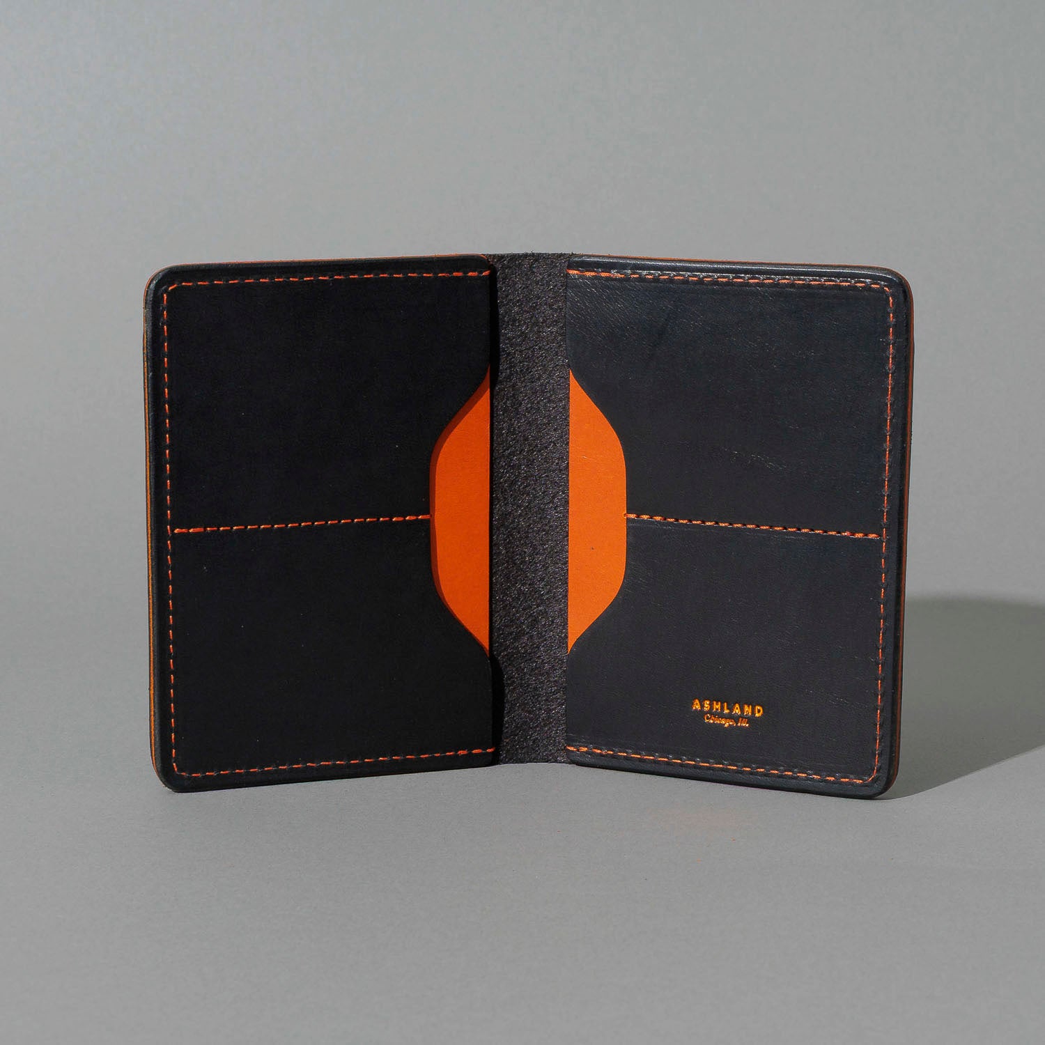 One-Off Fat Herbie in Black Dublin with Orange Accents, Two Hidden Card Slots, open, showing interior